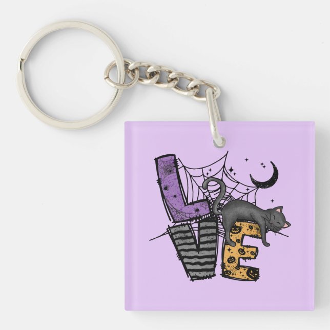Lazy Black Cat in Spider Web with Love Key Ring (Front)