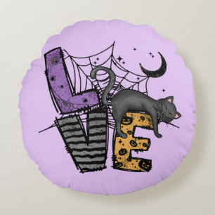 Lazy Black Cat in Spider Web with Love Round Cushion