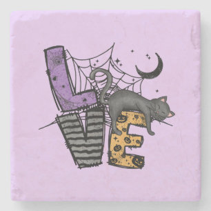 Lazy Black Cat in Spider Web with Love Stone Coaster