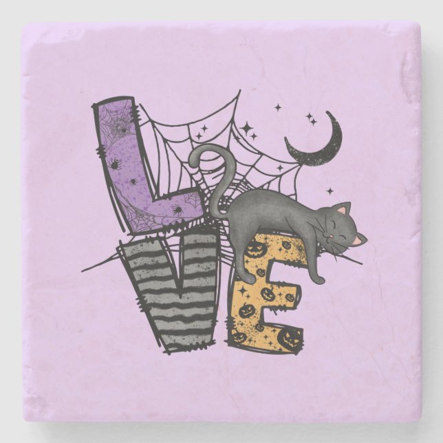 Lazy Black Cat in Spider Web with Love Stone Coaster (Front)