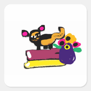 Lazy cat and flowers square sticker