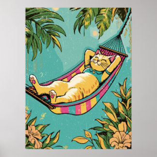 Lazy cat in a colourful hammock poster