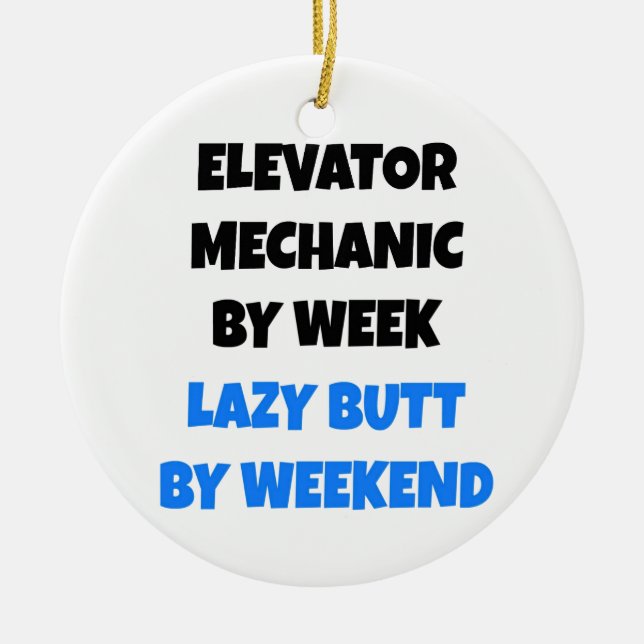 Lazy Elevator Mechanic Joke Ceramic Tree Decoration (Front)