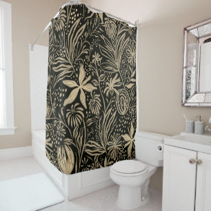 Lazy Floral Pattern in Gold on Black Shower Curtain