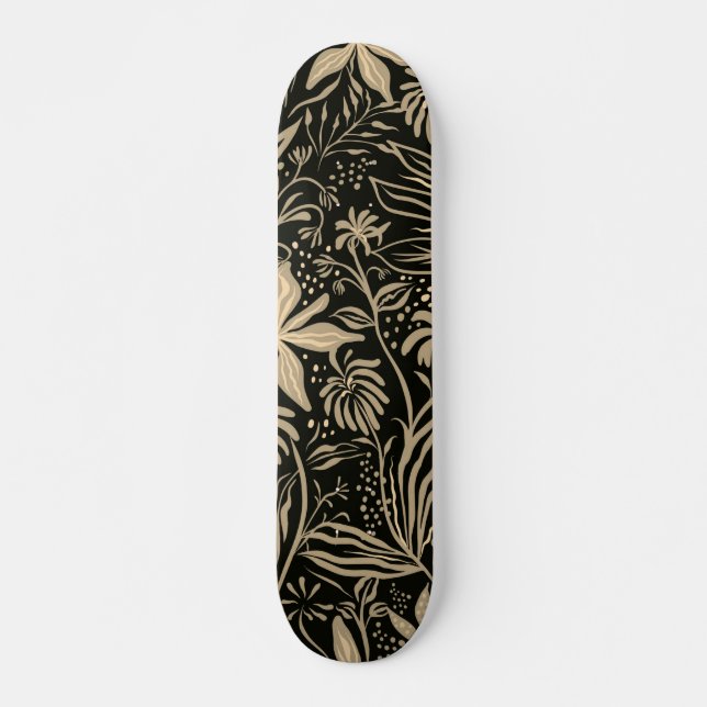 Lazy Floral Pattern in Gold on Black  Skateboard (Front)