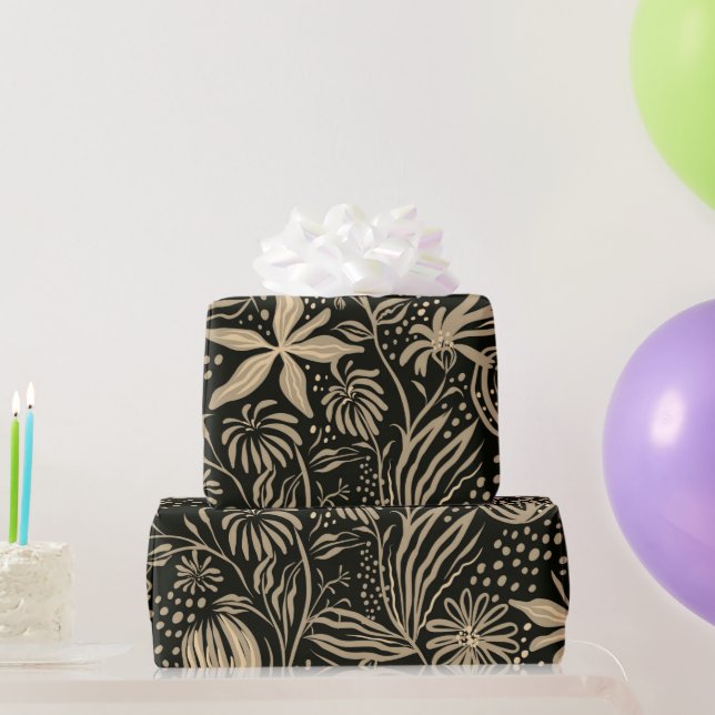 Lazy Floral Pattern in Gold on Black  Wrapping Paper (Party Gifts)