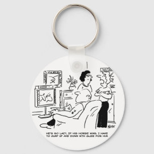 Lazy Man Watches Horse Racing on Television Key Ring
