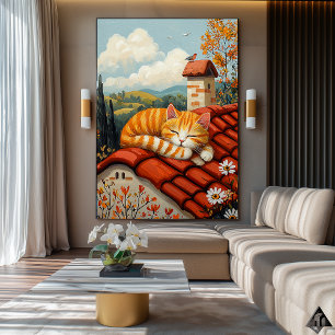 Lazy Rooftop Cat – Naïf Cosy Countryside Art Poster