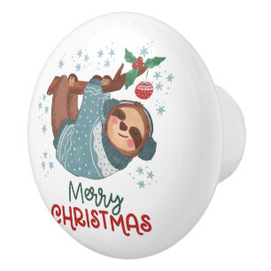 Lazy Sloth Christmas  Ceramic Knob