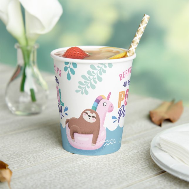 Lazy Sloth Pool Party Summer Birthday Paper Cups (Insitu)