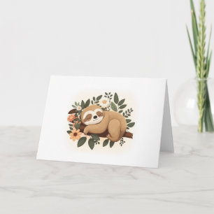 Lazy sloth sleeping on a branch cartoon            card