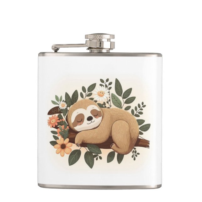 Lazy sloth sleeping on a branch cartoon            hip flask (Front)