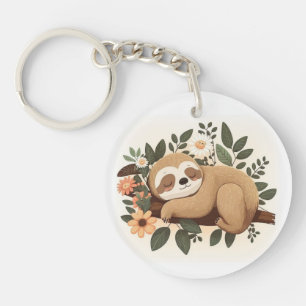 Lazy sloth sleeping on a branch cartoon            key ring