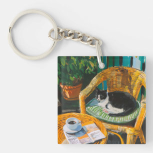 Lazy Sunday Morning Cosy Cat & Coffee Painting Key Ring