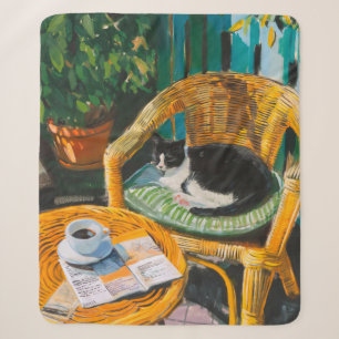 Lazy Sunday Morning Cosy Cat & Coffee Painting Sherpa Blanket