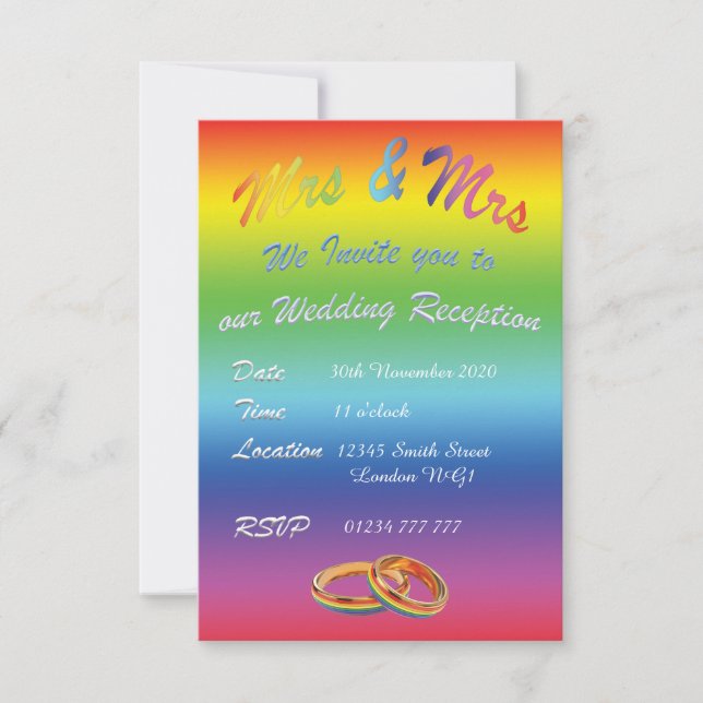 LBGT LESBIAN RAINBOW WEDDING RECEPTION INVITATION (Front)