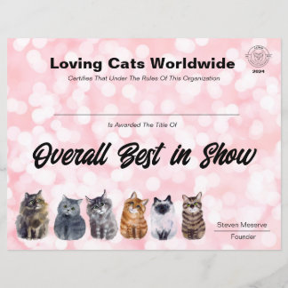 LCWW JAPAN OVERALL BEST IN SHOW AWARD CERTIFICATE