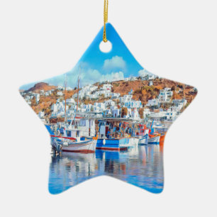 ldp MYKONOS - fishing boats - harbour - panorama Ceramic Tree Decoration