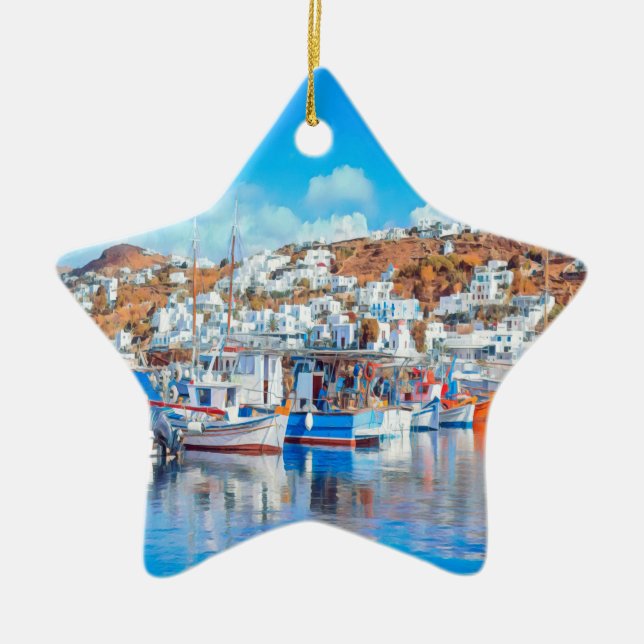 ldp MYKONOS - fishing boats - harbour - panorama Ceramic Tree Decoration (Front)