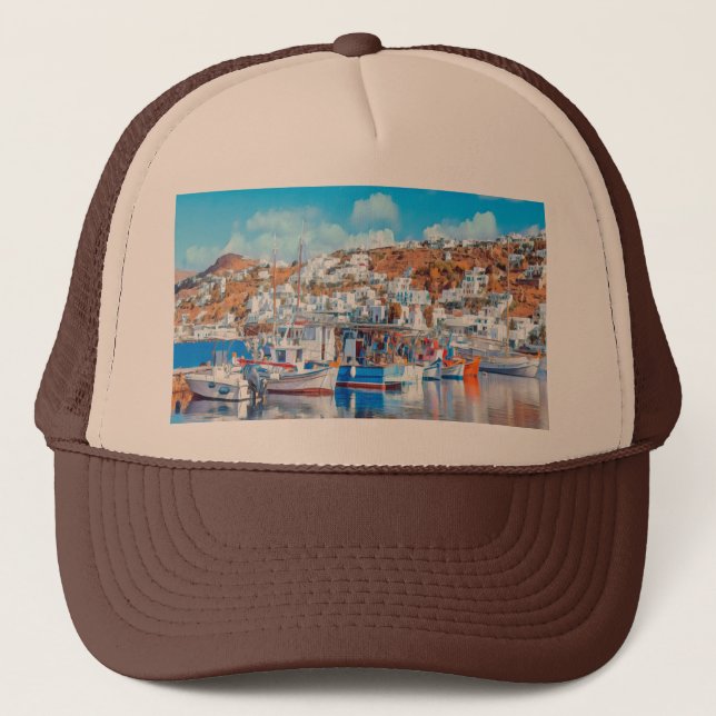 ldp MYKONOS - fishing boats - harbour - panorama Trucker Hat (Front)