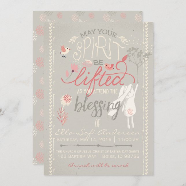 LDS BABY BLESSING INVITATION | Floral Girl Bunny (Front/Back)