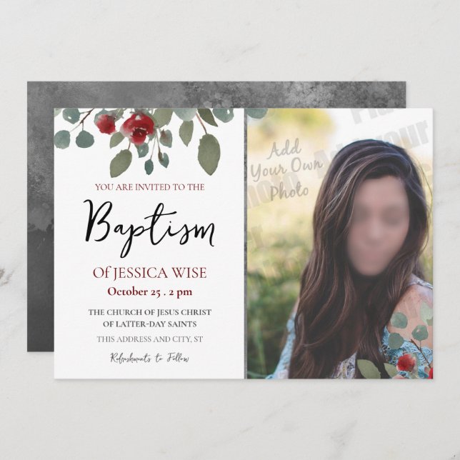 LDS Baptism Girl Watercolor Roses Floral Invitation (Front/Back)