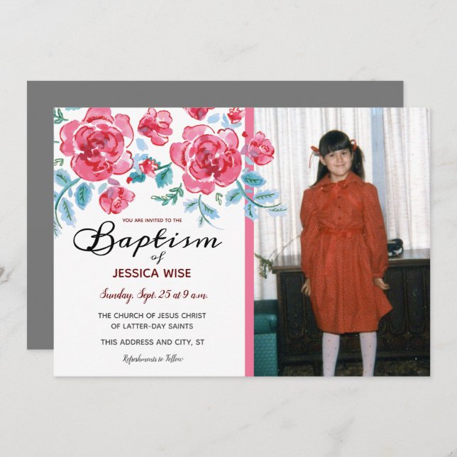LDS Baptism Girl Watercolor Roses Floral Invitation (Front/Back)