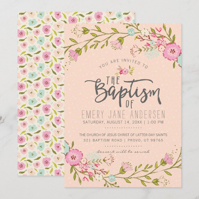 LDS BAPTISM INVITATION | Elegant Pink Floral Girl (Front/Back)