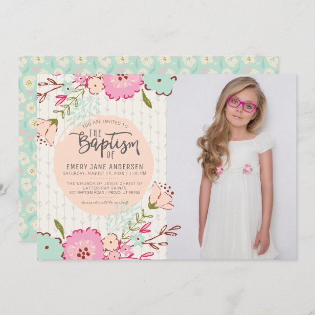 LDS BAPTISM PHOTO INVITATION | Elegant Floral Girl (Front/Back)