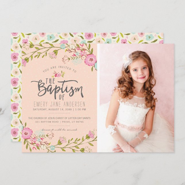LDS BAPTISM PHOTO INVITATION | Elegant Pink Girl (Front/Back)