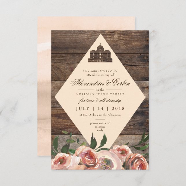 LDS TEMPLE SEALING CARD | Rustic Wood Blush Floral (Front/Back)