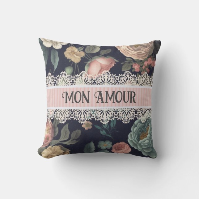 Le Boudoir Noir Vintage Lace and Fabric  Cushion (Front)