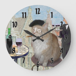 Le Cat du Cafe Large Clock