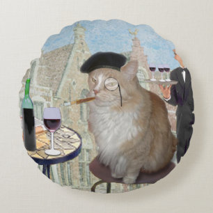 Le Cat du Cafe Round Cushion