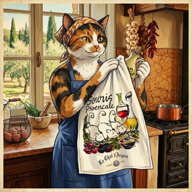 Le Chat d'Argent "Souris Provençale" Chef  Tea Towel (The pleasures of housekeeping.)