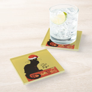 Le Chat Noel Christmas Parody Distressed Cut Out Glass Coaster