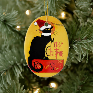 Le Chat Noir Santa Hat Christmas Ceramic Tree Decoration