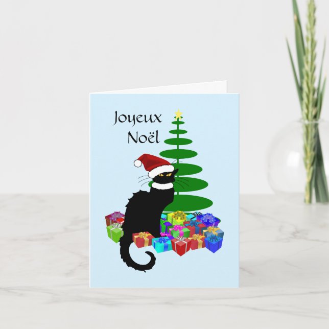 Le Chat Noir Santa Hat Christmas Holiday Card (Front)