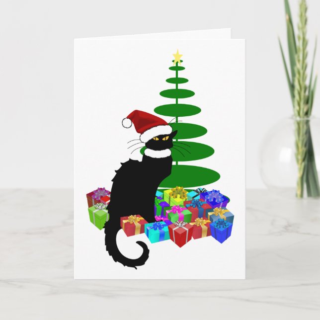 Le Chat Noir Santa Hat Christmas Holiday Card (Front)