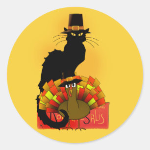 Le Chat Noir Thanksgiving and Pilgrim Turkey Classic Round Sticker