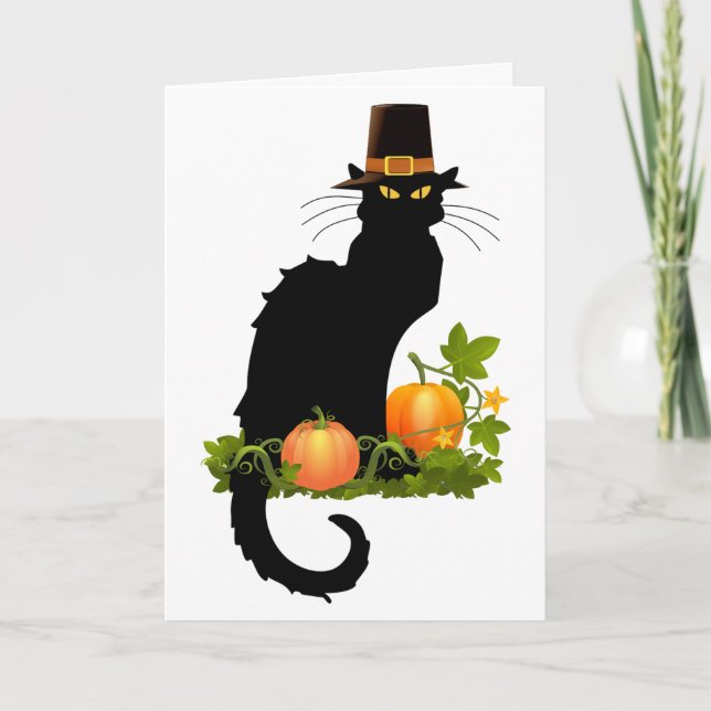 Le Chat Noir Thanksgiving and Pilgrim Turkey Holiday Card (Front)