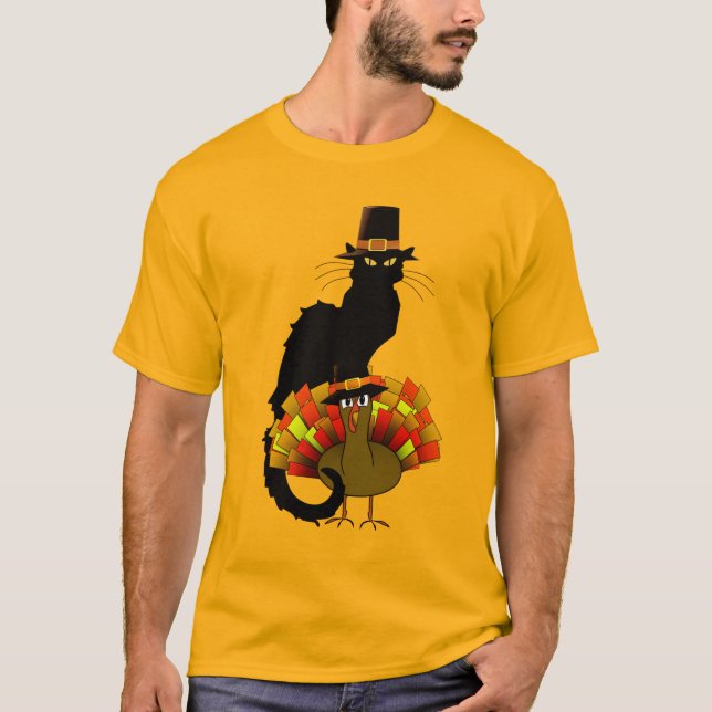 Le Chat Noir Thanksgiving and Pilgrim Turkey T-Shirt (Front)