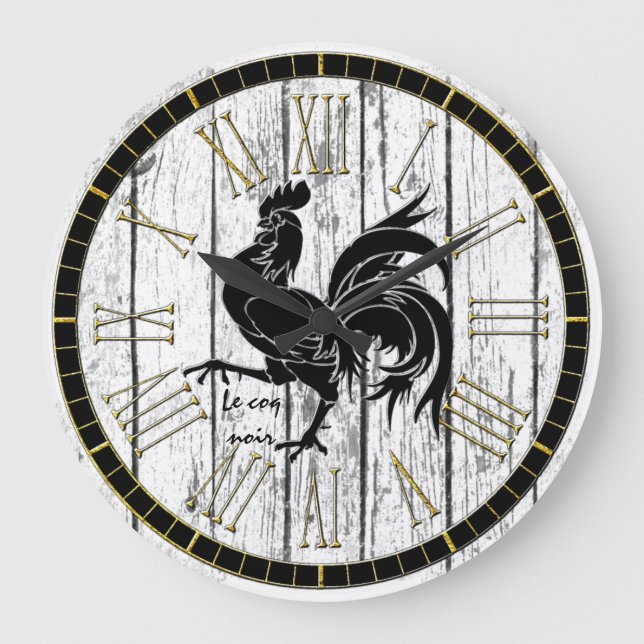 Le coq noir The Black Rooster  Weathered Wood Large Clock (Front)