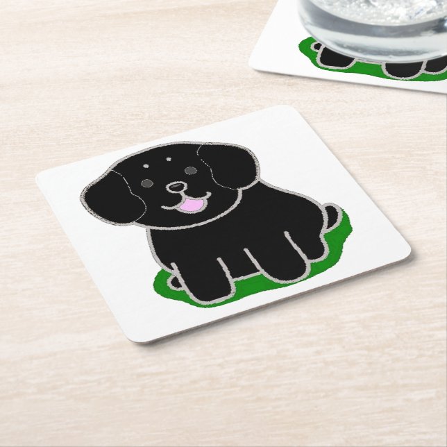 LE kawaii black lab cartoon Square Paper Coaster (Angled)