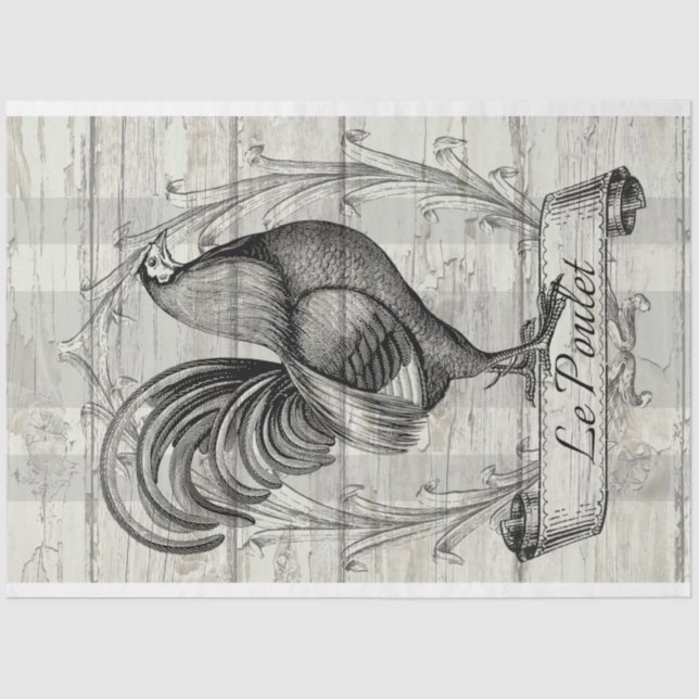 Le Poulet The French Rooster on Old Wood Decoupage Tissue Paper (Front)