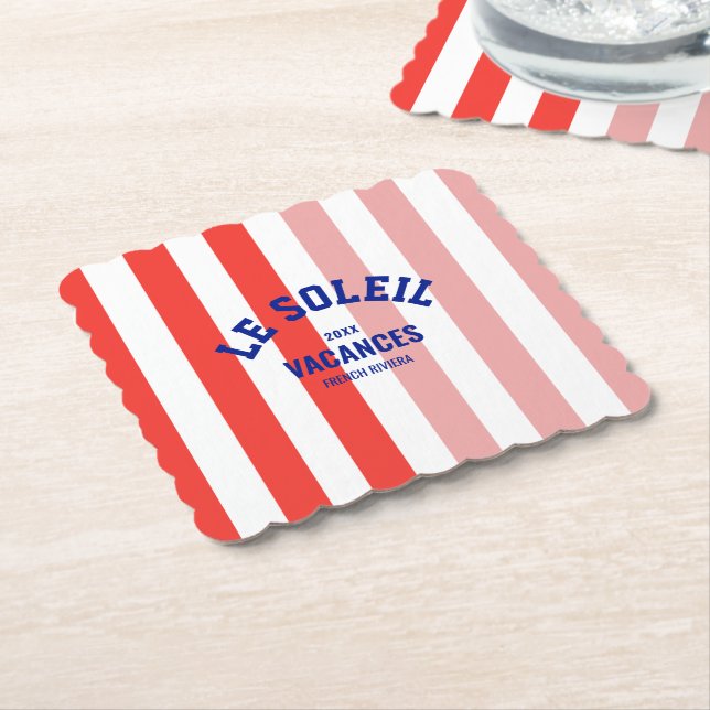 Le Soleil Vacances French Riviera Cabana Stripe Paper Coaster (Angled)