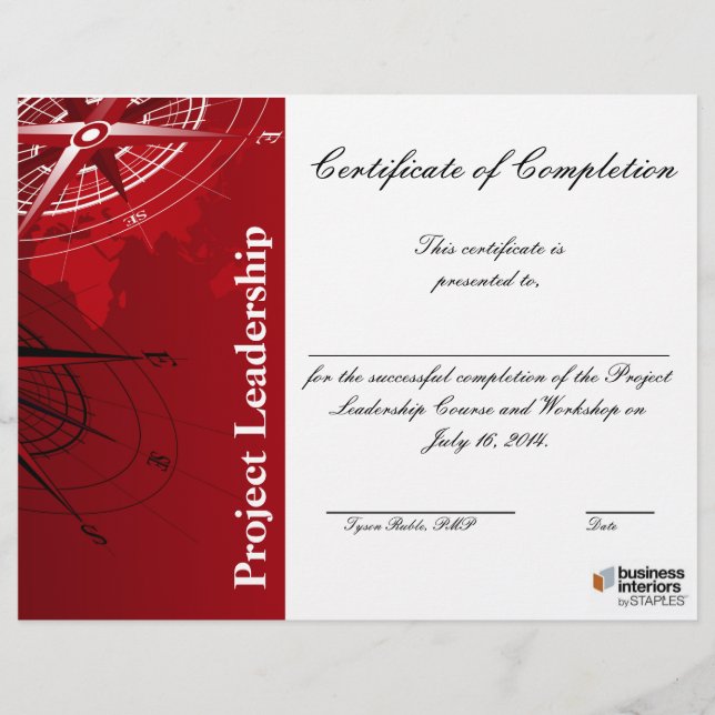 Leadership workshop certificate of completion (Front)