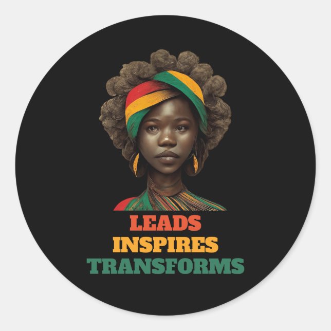 Leads, Inspires, Transforms Black History Month Classic Round Sticker (Front)