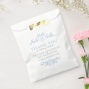Leaf art heart monogram blue wedding thank you favour bags