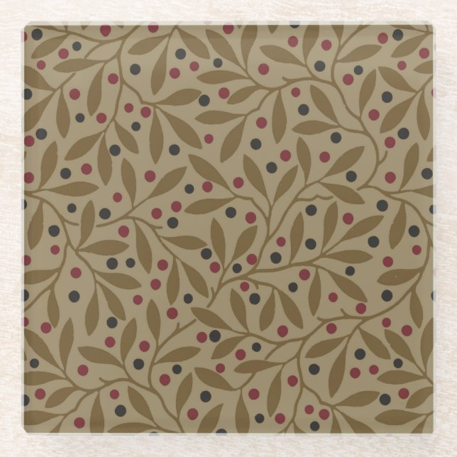 Leaf Berry Classic Colourful Pretty Pattern Art Glass Coaster (Front)